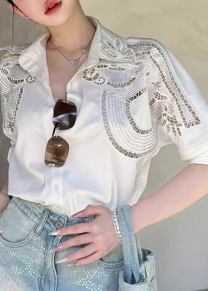 White Peter Pan Collar Hollow Out Cotton Blouses Fall
