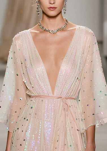 Apricot Sequins Low High Design Tulle Tunic Dress Summer