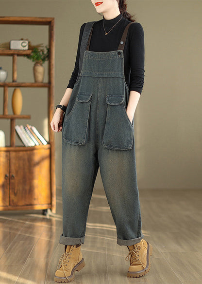 Blue Pockets High Waist Denim Jumpsuit Fall
