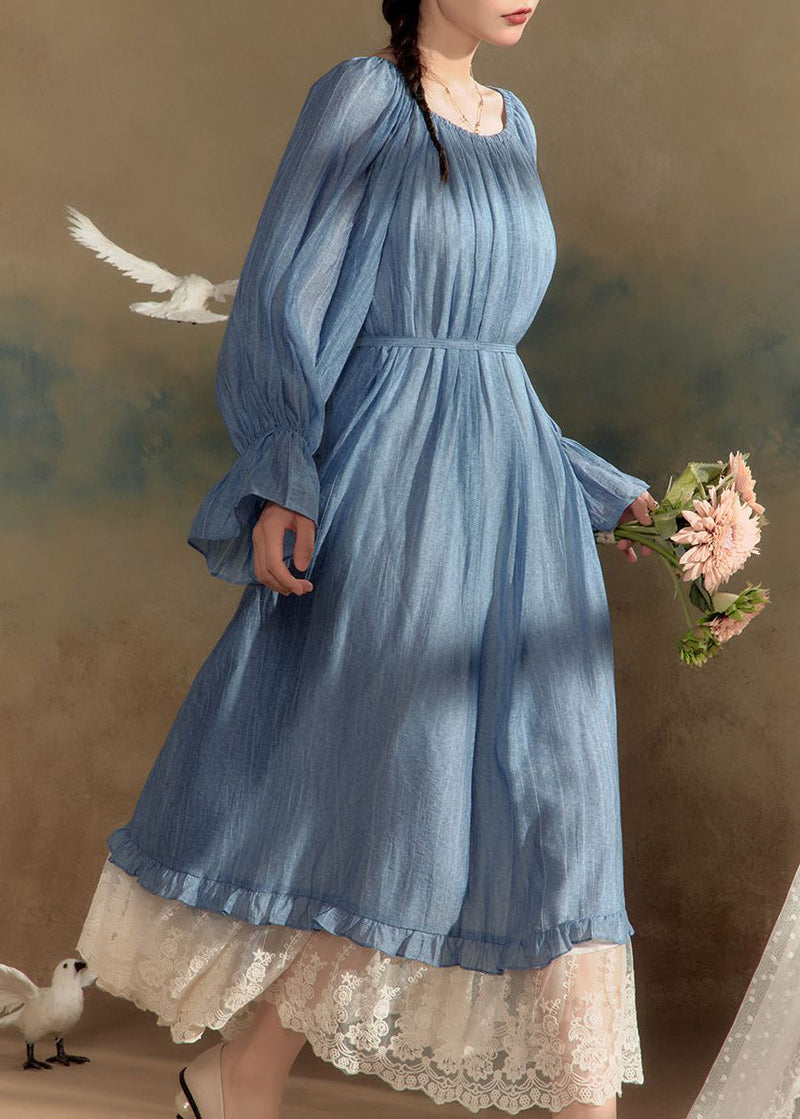 New Blue O-neck Lace Patchwork Cotton Long Dress Flare Sleeve
