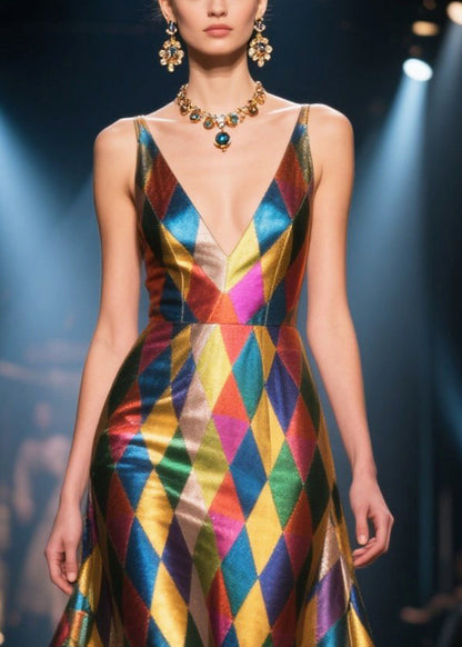 Colorblock Ruffled Patchwork Plaid Silk Evening Dress Summer