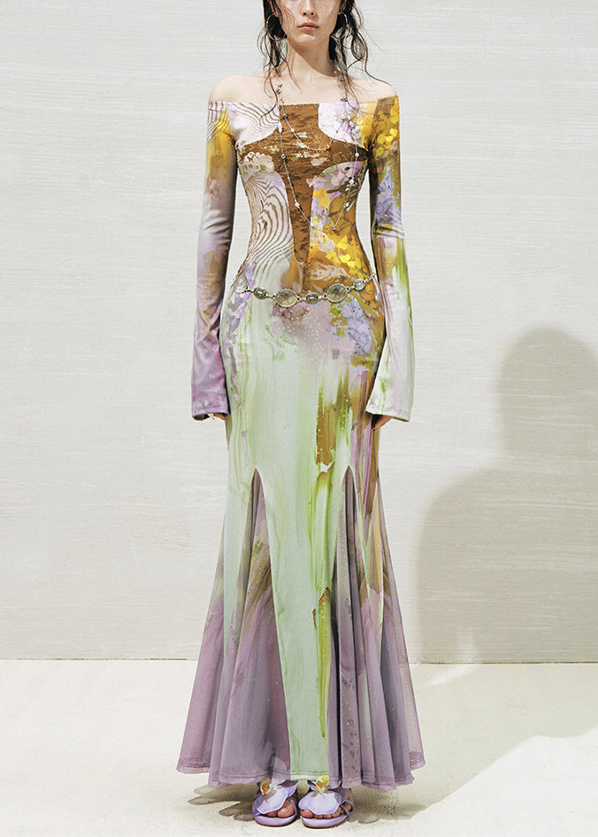 Slash Neck Print Tulle Patchwork Long Dresses Fall