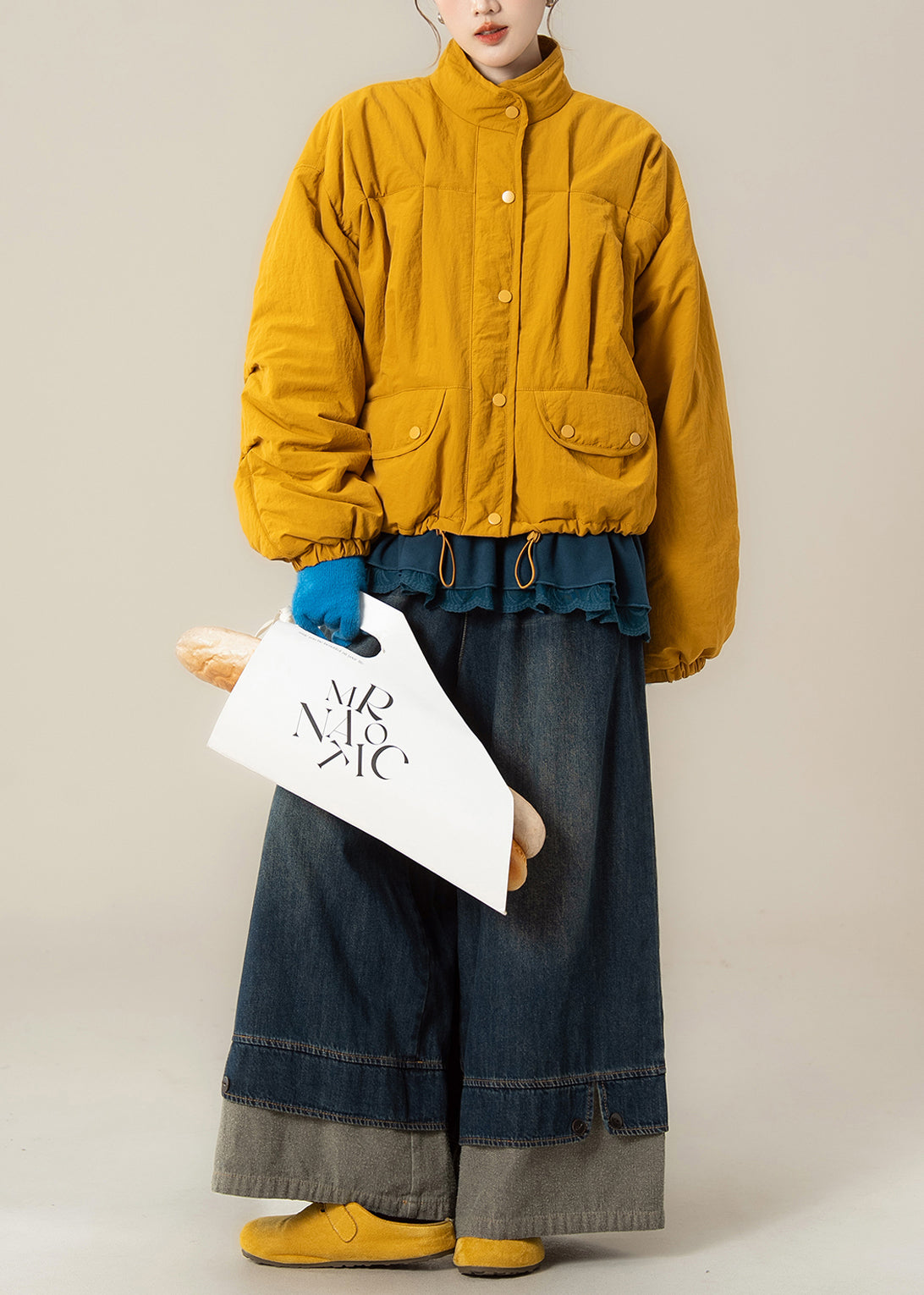 Japanese Yellow Stand Collar Fine Cotton Filled Jacket T Shirt and Wide Leg Pants Set