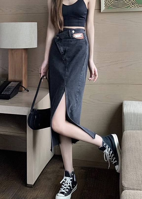 Black High Waist Pockets Button Denim a Line Skirt Spring