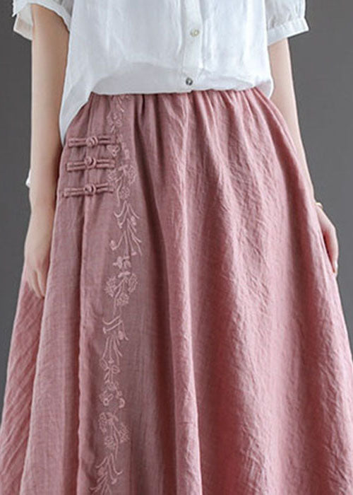Pink Embroideried Chinese Button Linen Skirts Spring