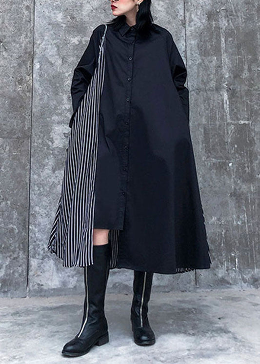 Black Asymmetrical Striped Patchwork Shirt Dresses Spring