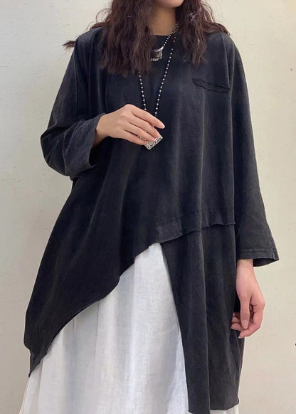 Red O-neck Asymmetrical Design Cotton Top Long Sleeve