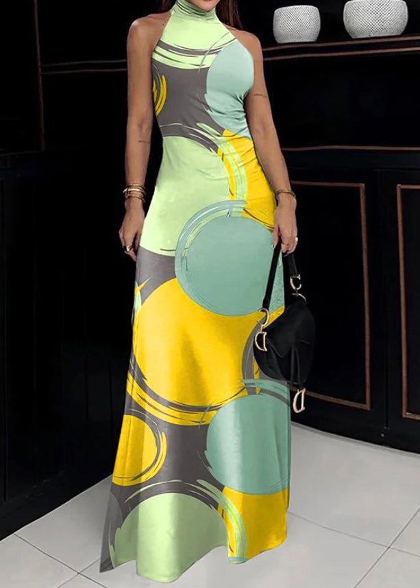 Slim Fit Green Turtleneck Print Cotton Maxi Dress Sleeveless Summer
