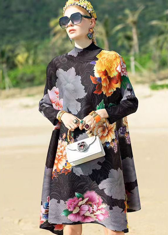 Classy Black Hign Neck Print Patchwork Cotton a Line Dress Fall