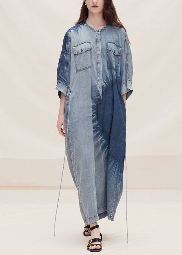 Blue O Neck Tie Dye Denim Dress Summer