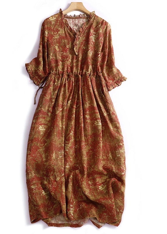 Navy Blue Ruffled Patchwork Print Drawstring Maxi Dresses Short Sleeve