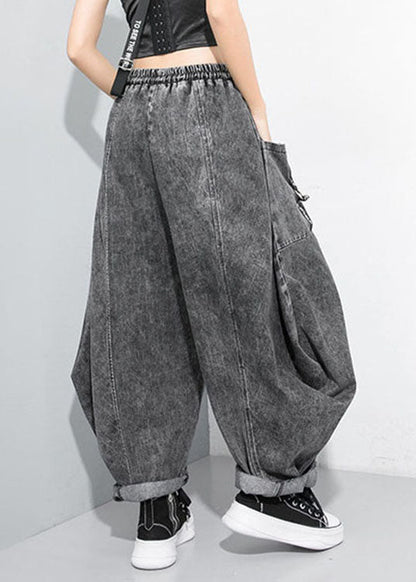Black Grey Cinched Patchwork Denim Pants Trousers Spring