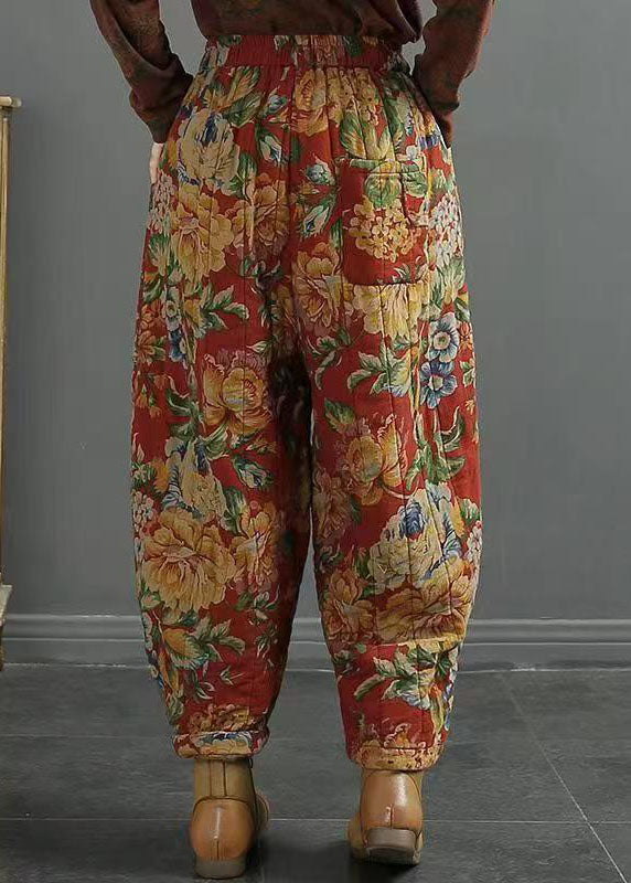 Red Pockets Print Elastic Waist Fine Cotton Filled Pants Winter