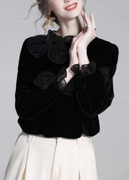 Black Ruffled Silk Velour T Shirt Winter