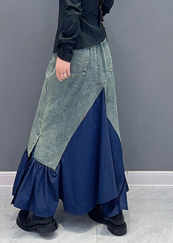 Blue High Waist Pockets Patchwork Denim Skirts