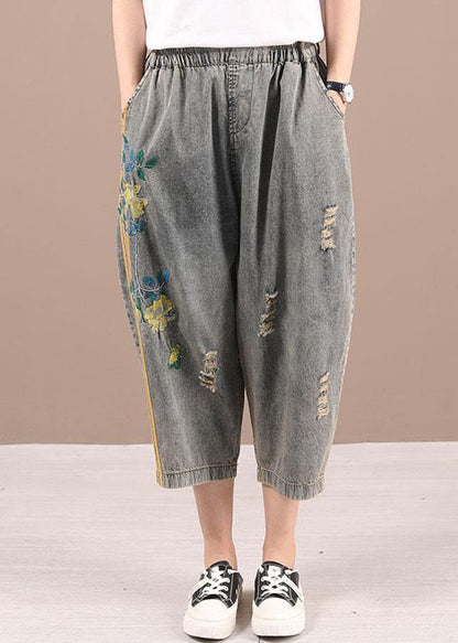 Black Grey Elastic Waist Embroideried Jeans Pants