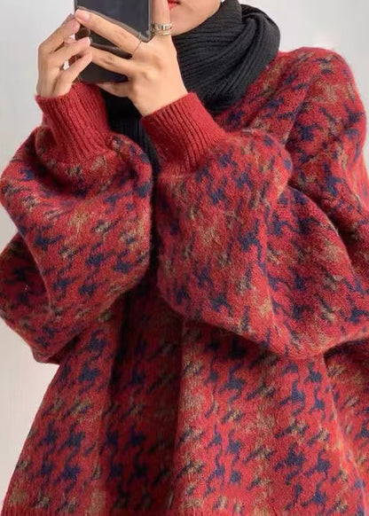 Red O Neck Print Loose Knit Sweater Spring