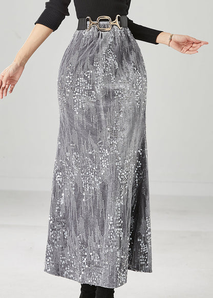 Grey Silk Velour Skirts Sequins High Waist Winter