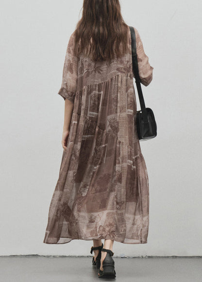 Style Brown O Neck Print Patchwork Silk Long Dress Summer