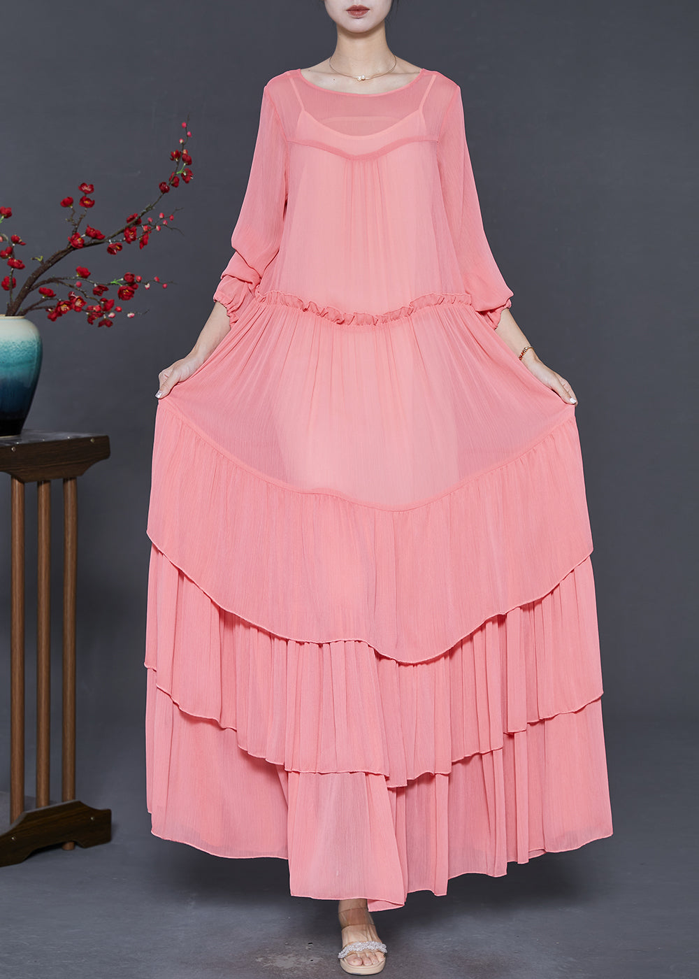 Pink Oversized Patchwork Chiffon Dresses Spring