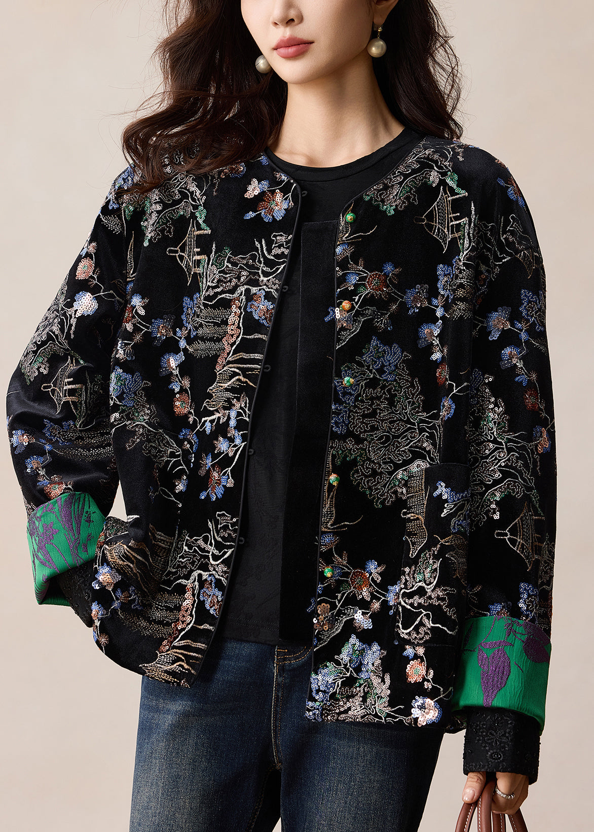Black Embroidered Sequins Silk Velvet Coats Winter