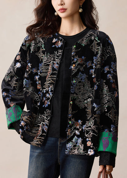 Black Embroidered Sequins Silk Velvet Coats Winter
