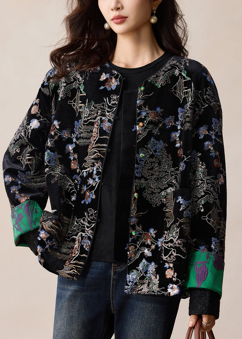 Black Embroidered Sequins Silk Velvet Coats Winter
