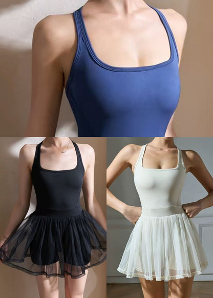 Black Tummy Control Fake Two Piece Sports Dress Summer