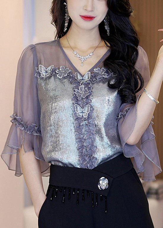 New Silver Gray Ruffled Butterfly V Neck Silk Top Summer