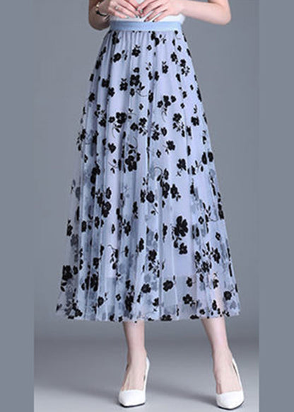 Light Blue Tulle Print a Line Fall Skirts