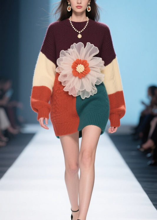 Boutique Colorblock O Neck Knit Sweater Dress Fall