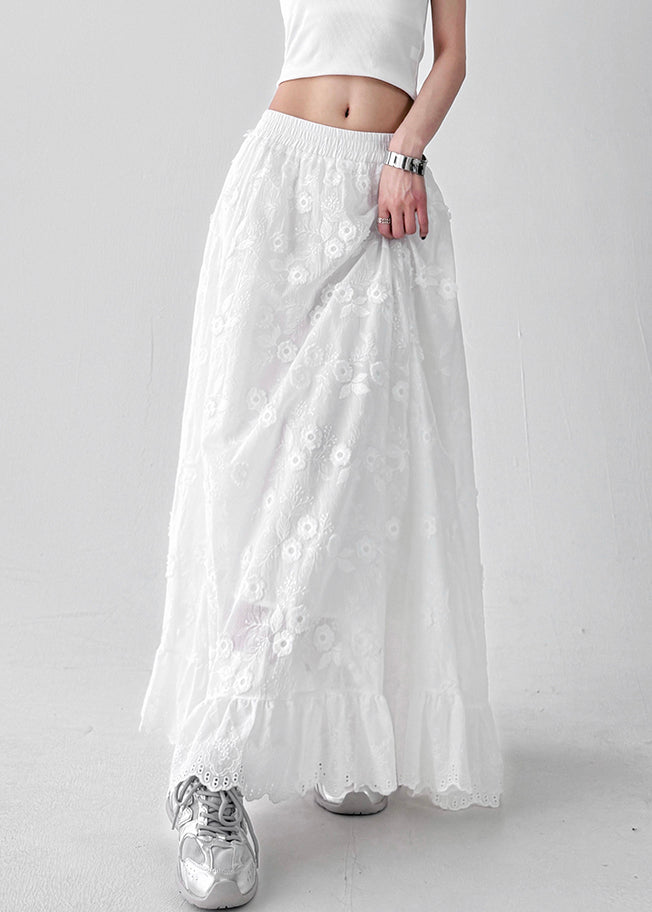 Art White Hollow Out Elastic Waist Cotton Skirt Summer