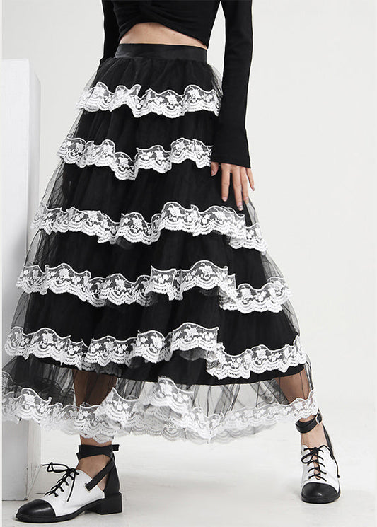 Black Ruffled Patchwork Tulle Skirt Spring