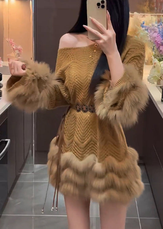 Brown Cold Shoulder Patchwork Faux Fur Sweater Dress Spring
