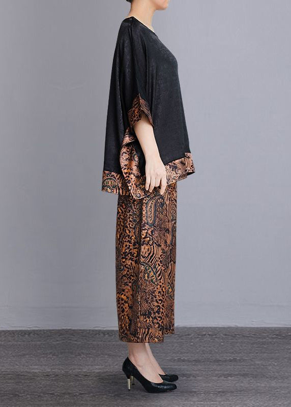 Leopard O-neck Print Patchwork Silk Two Pieces Set Batwing Sleeve