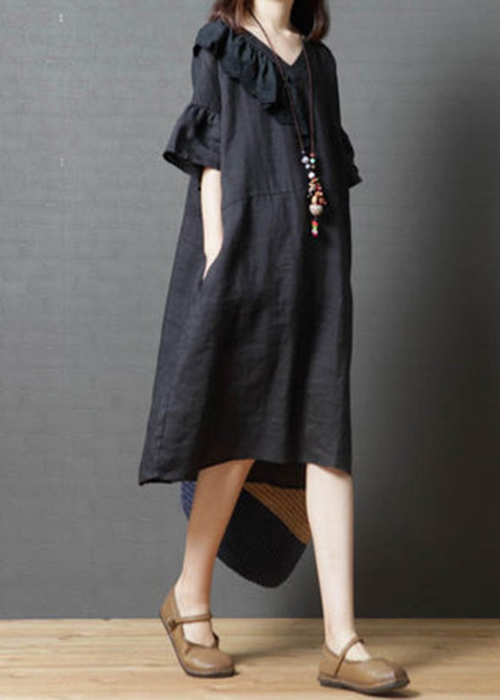 Black V Neck Asymmetrical Design Dress Flare Sleeve