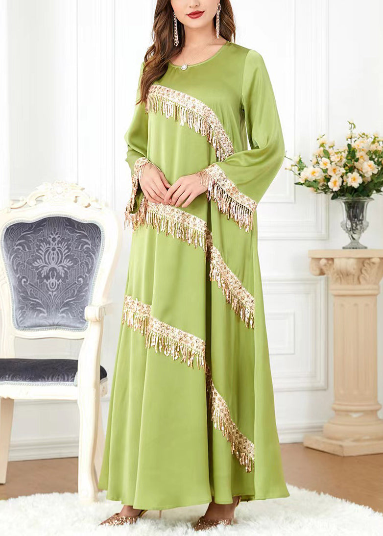 New Green O-neck Tasseled Cotton Long Dress Spring