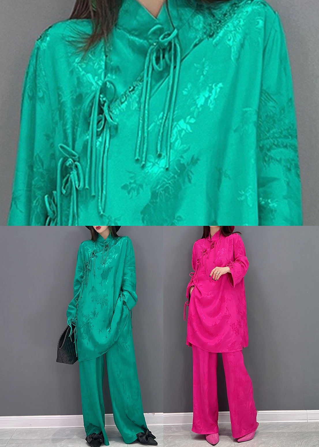 Boutique Green Mandarin Collar Tassel Silk Long Shirts and Straight Pants Two Pieces Set Long Sleeve