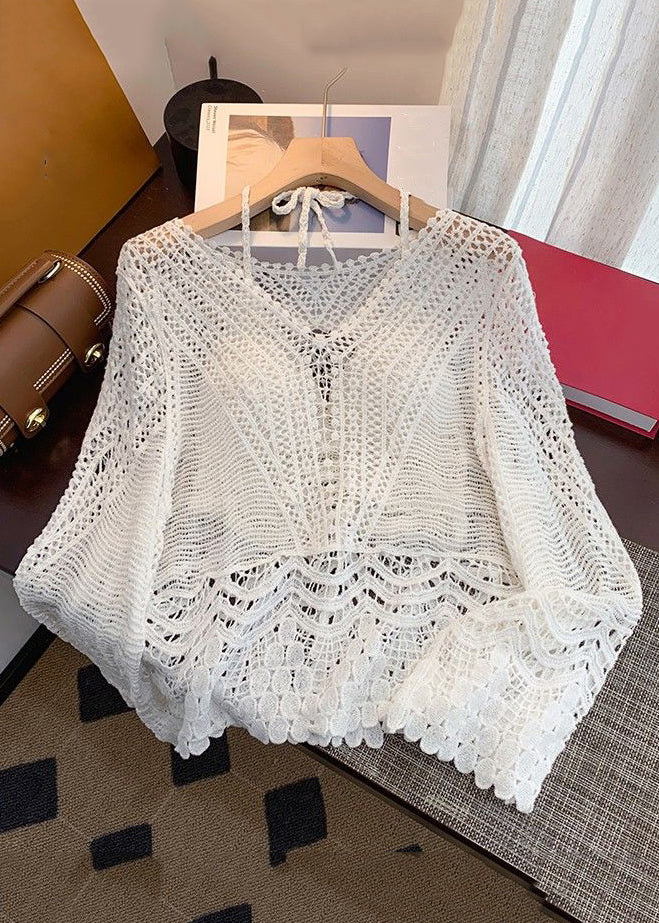 Apricot Hollow Out Lace Up Knit Two Pieces Set Spring