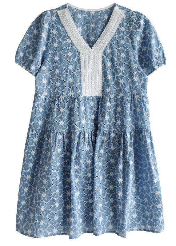 Blue Patchwork V Neck Embroideried Summer Cotton Dress Short Sleeve