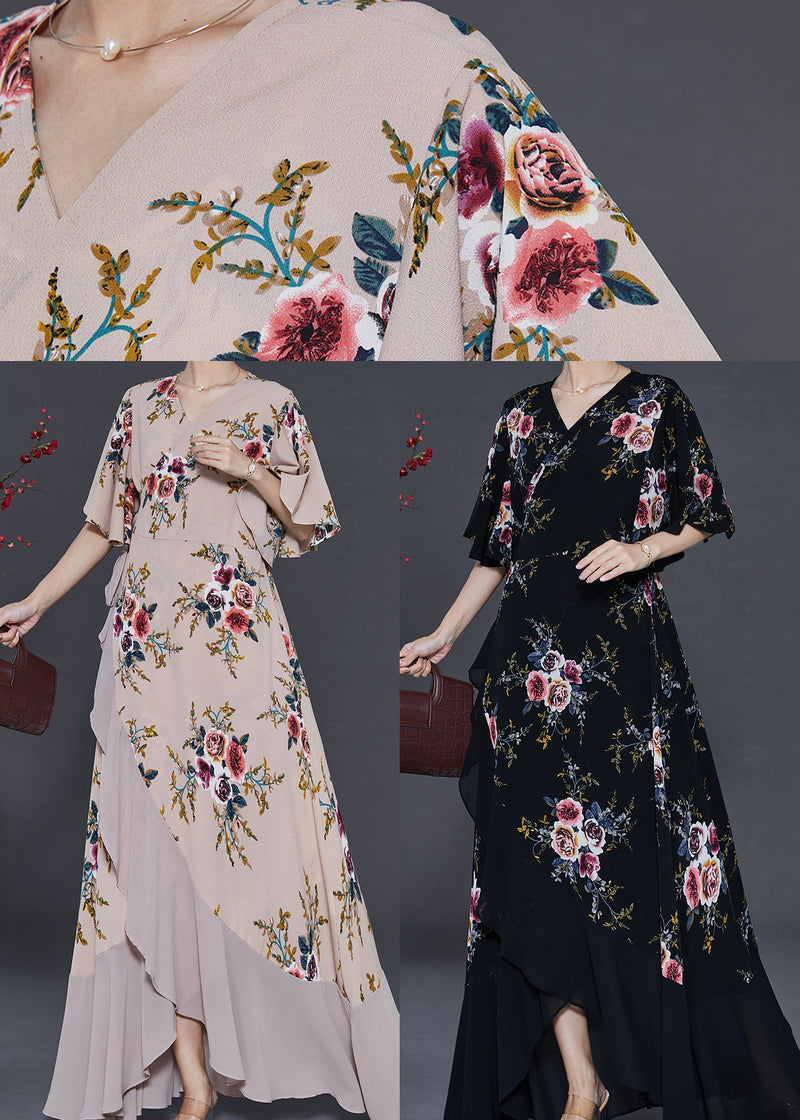 Black Asymmetrical Print Chiffon Maxi Dresses Summer