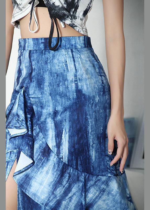 Blue Tie Dye Asymmetrical Design Ruffles Skirts