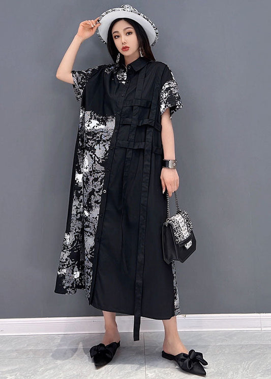 Black Peter Pan Collar Print Cotton Shirt Dress Short Sleeve