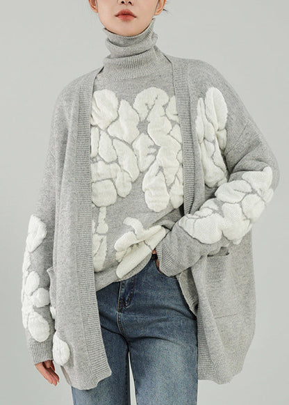 Grey V Neck Wool Knit Cardigans Winter