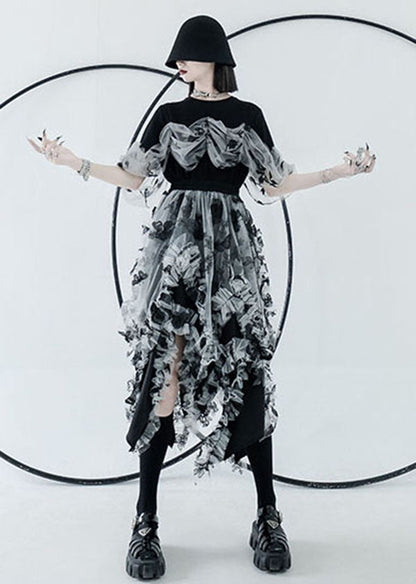 Black White Patchwork Tulle a Line Skirts High Waist Layered Design Summer
