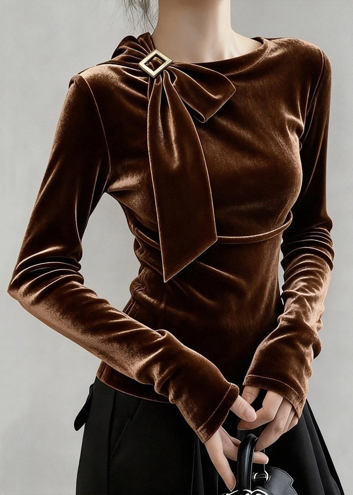 Fine Coffee Bow Silk Velour T Shirt Tops Winter