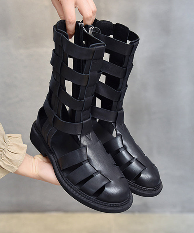 Black Chunky Cowhide Leather Hollow Out Boots