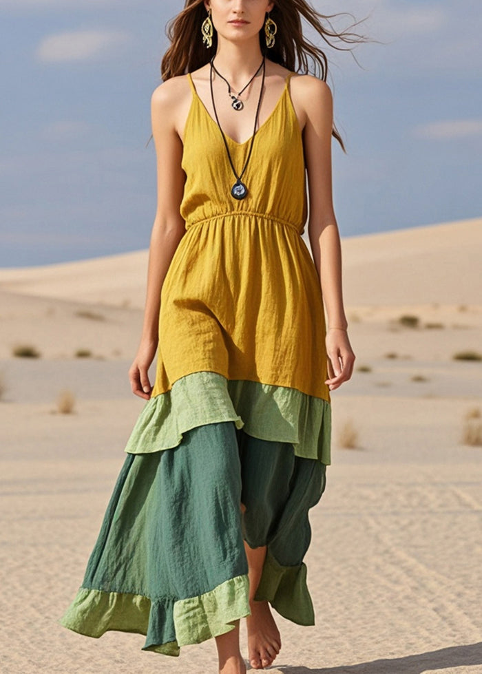 Yellow Patchwork Cotton Cami Dresses Summer