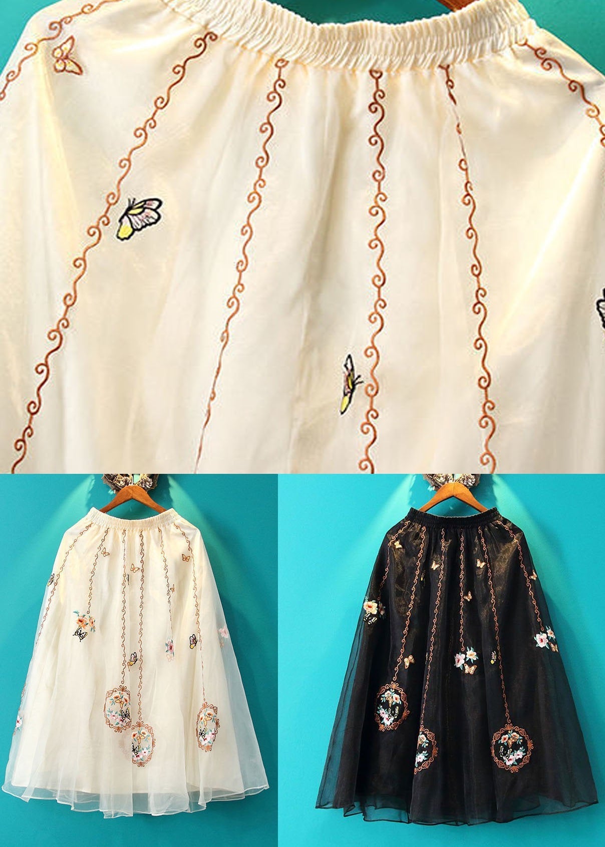 Apricot Wrinkled Embroideried Tulle Skirt Summer