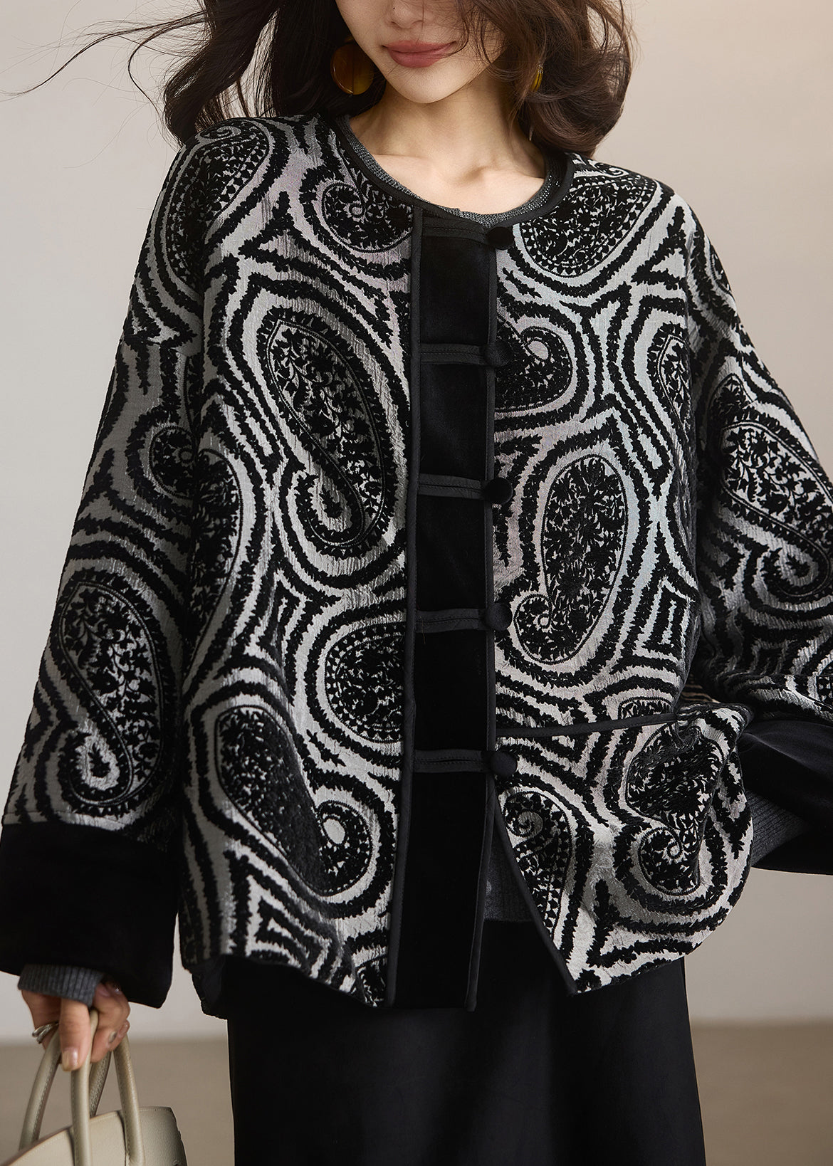 New Grey O Neck Print Button Cotton Coat Outwear Spring